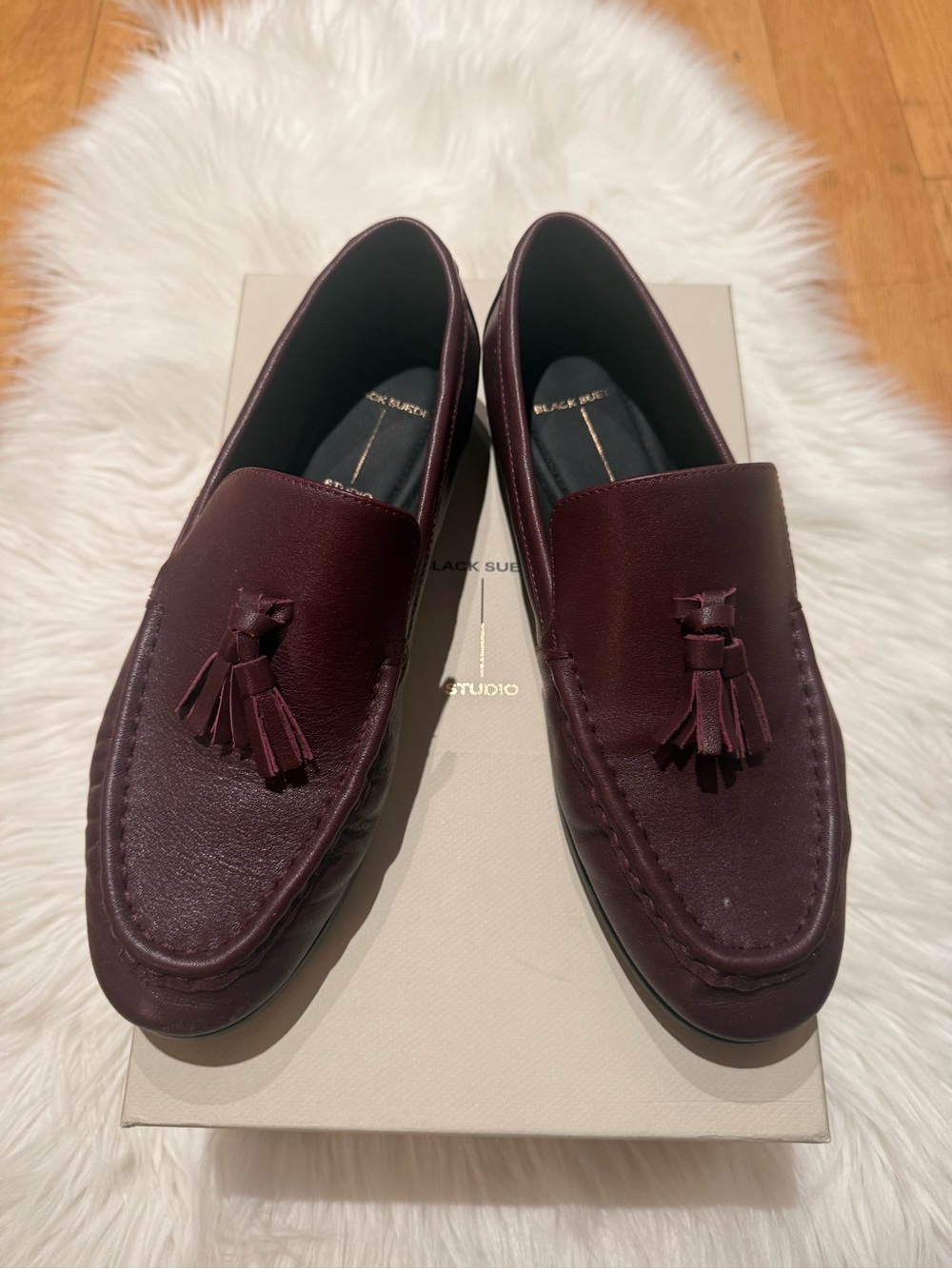 Black Suede Studio Finn Raisin Leather Tassel Loafers | Size 37 / US 7